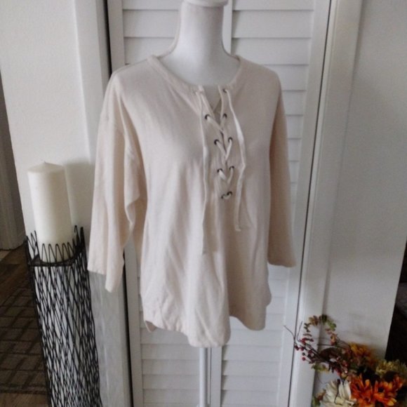 MADEWELL Cream 3/4 Sleeve Cotton-Blend Women's Libra Lace-Up Tee‎ Size M - Picture 6 of 10